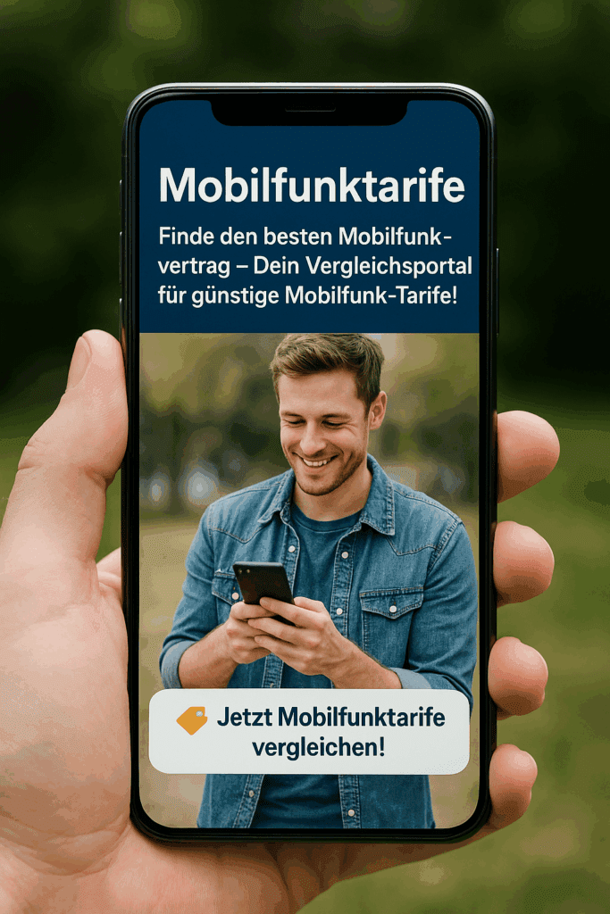 Mobilfunktarife Smartphone zeigt Vergleichsportal für Mobilfunktarife mit einem lächelnden Mann auf dem Bildschirm