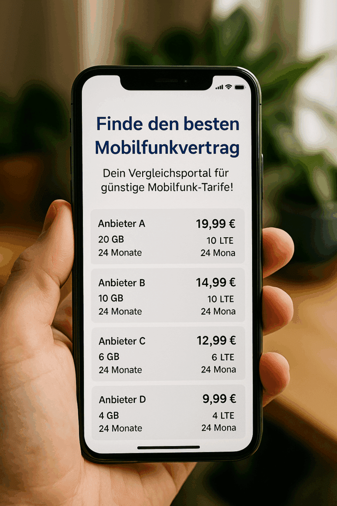 Mobilfunktarife Hand hält Smartphone mit Übersicht zu Mobilfunktarifen und Preisen verschiedener Anbieter