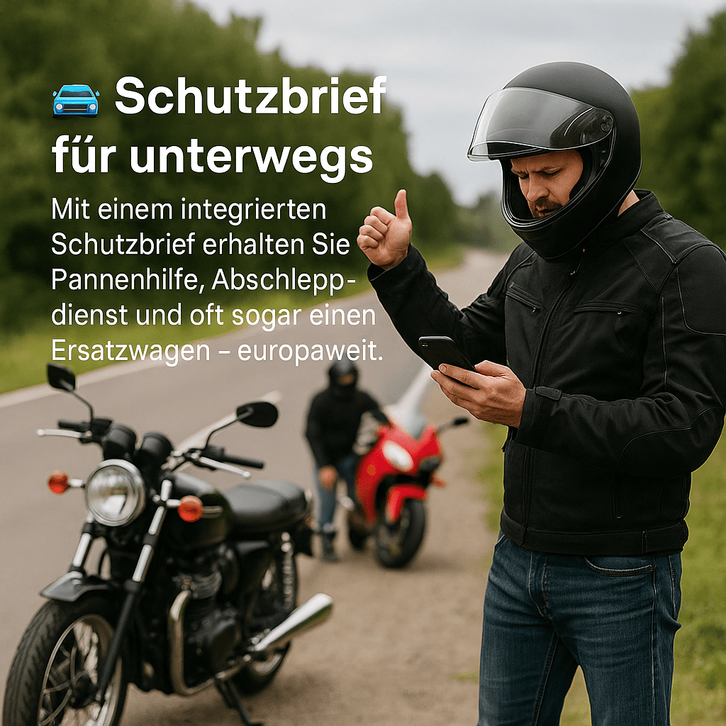 Motorrad-Versicherung Motorradfahrer in schwarzer Ausrüstung betrachtet auf seinem Smartphone verschiedene Motorrad-Versicherungs-Tarife auf offener Straße