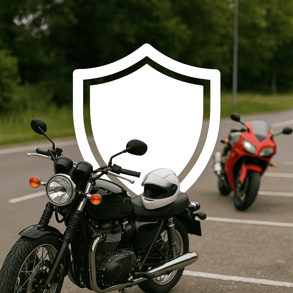 Motorrad-Versicherung Schwarzes Touring-Motorrad mit Helm parkt auf kurviger Alpenstraße bei Sonnenuntergang – perfekte Kulisse für sicheres Fahren