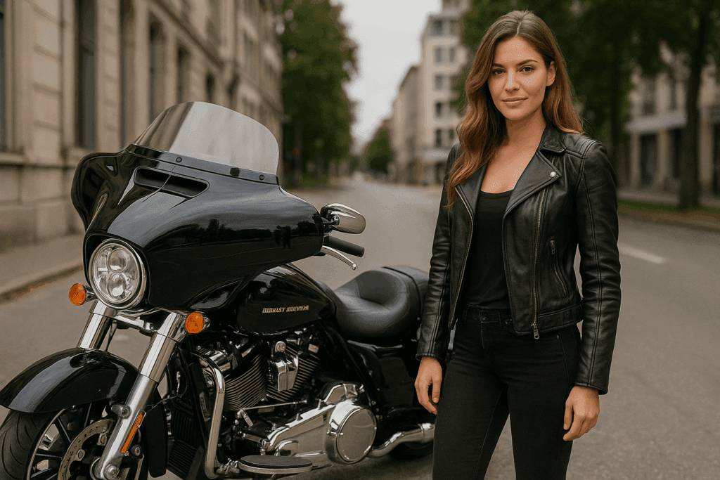 Motorrad-Versicherung Attraktive junge Frau steht neben einer schwarzen Harley-Davidson auf einer urbanen Straße – Symbol für stilvolle Motorrad-Versicherung.