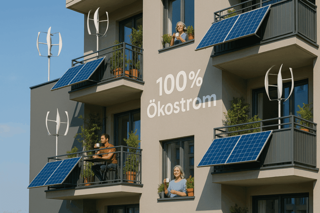 Ökostrom Weitläufiges Solarfeld mit Windrädern im Hintergrund und dem Schriftzug ‚Entdecke die Zukunft mit Ökostrom‘ – erneuerbare Energie im Fokus