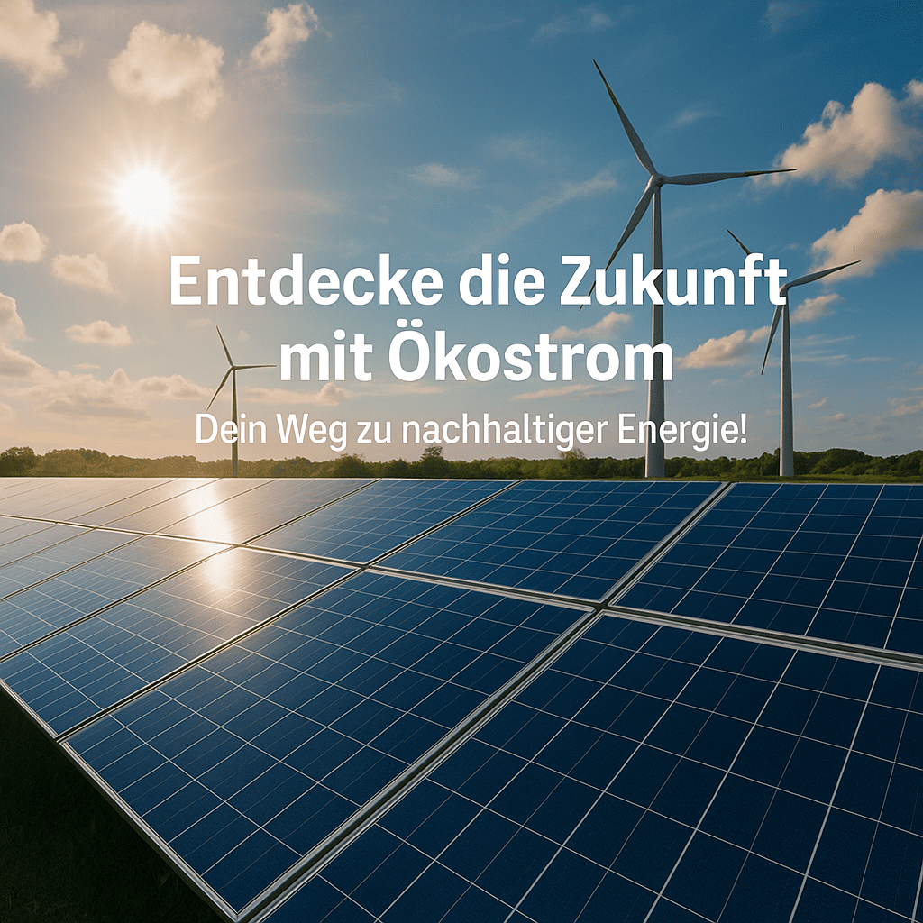 Ökostrom Wasserkraftwerk mit Windrädern im Grünen und Text ‚Dein Tarif für Ökostrom finden – Jetzt vergleichen und wechseln!‘ – nachhaltige Energiequellen