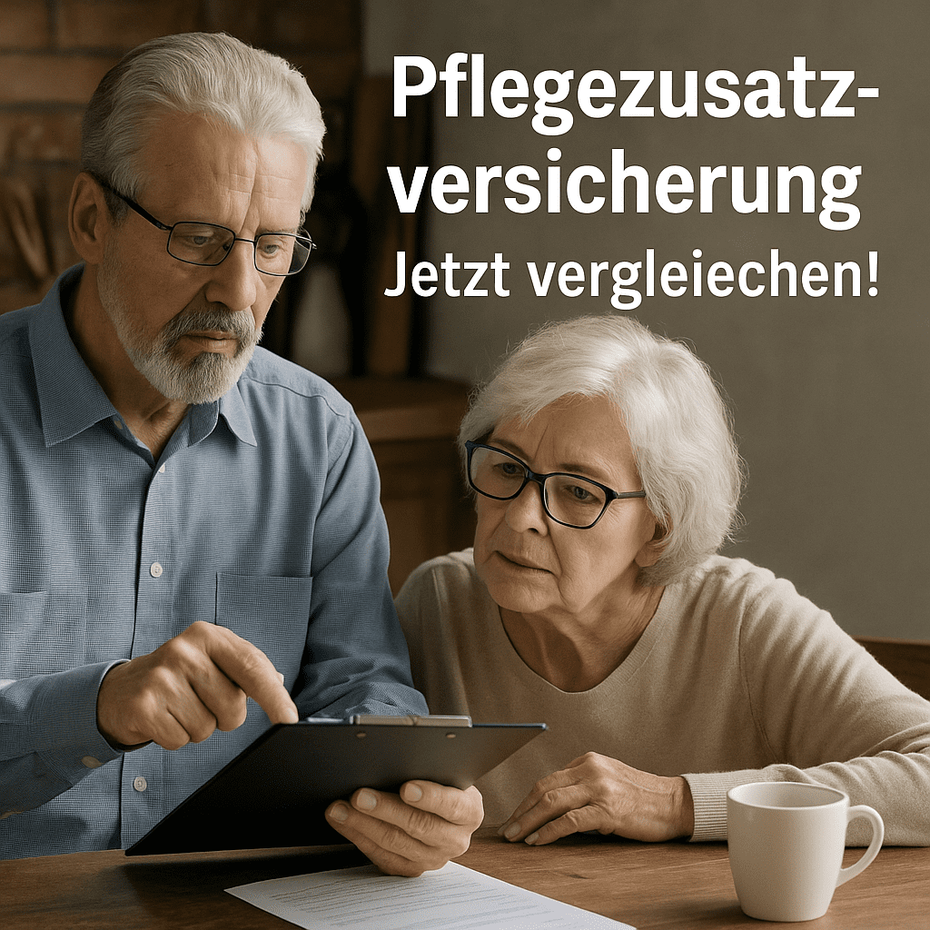 Pflegezusatzversicherung Seniorenpaar am Tisch prüft Versicherungsunterlagen – Aufruf zum Vergleich der besten Pflegezusatzversicherungen