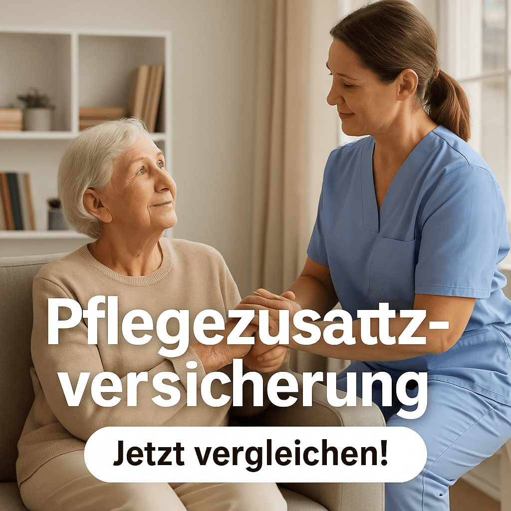 Pflegezusatzversicherung Pflegekraft hält die Hand einer älteren Dame im Wohnzimmer – symbolische Darstellung für Sicherheit durch Pflegezusatzversicherung