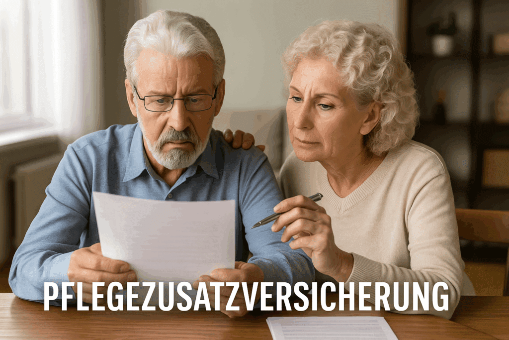 Pflegezusatzversicherung Seniorenpaar am Holztisch prüft konzentriert ein Dokument – klare Botschaft zur Bedeutung der Pflegezusatzversicherung im Alter