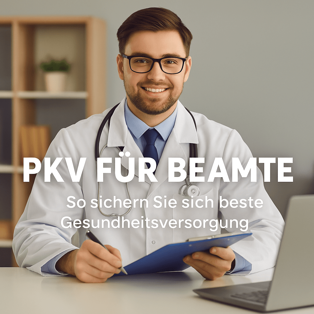 PKV für Beamte Junger Arzt mit Brille und Klemmbrett lächelt in die Kamera – Werbebotschaft ‚PKV für Beamte – So sichern Sie sich beste Gesundheitsversorgung