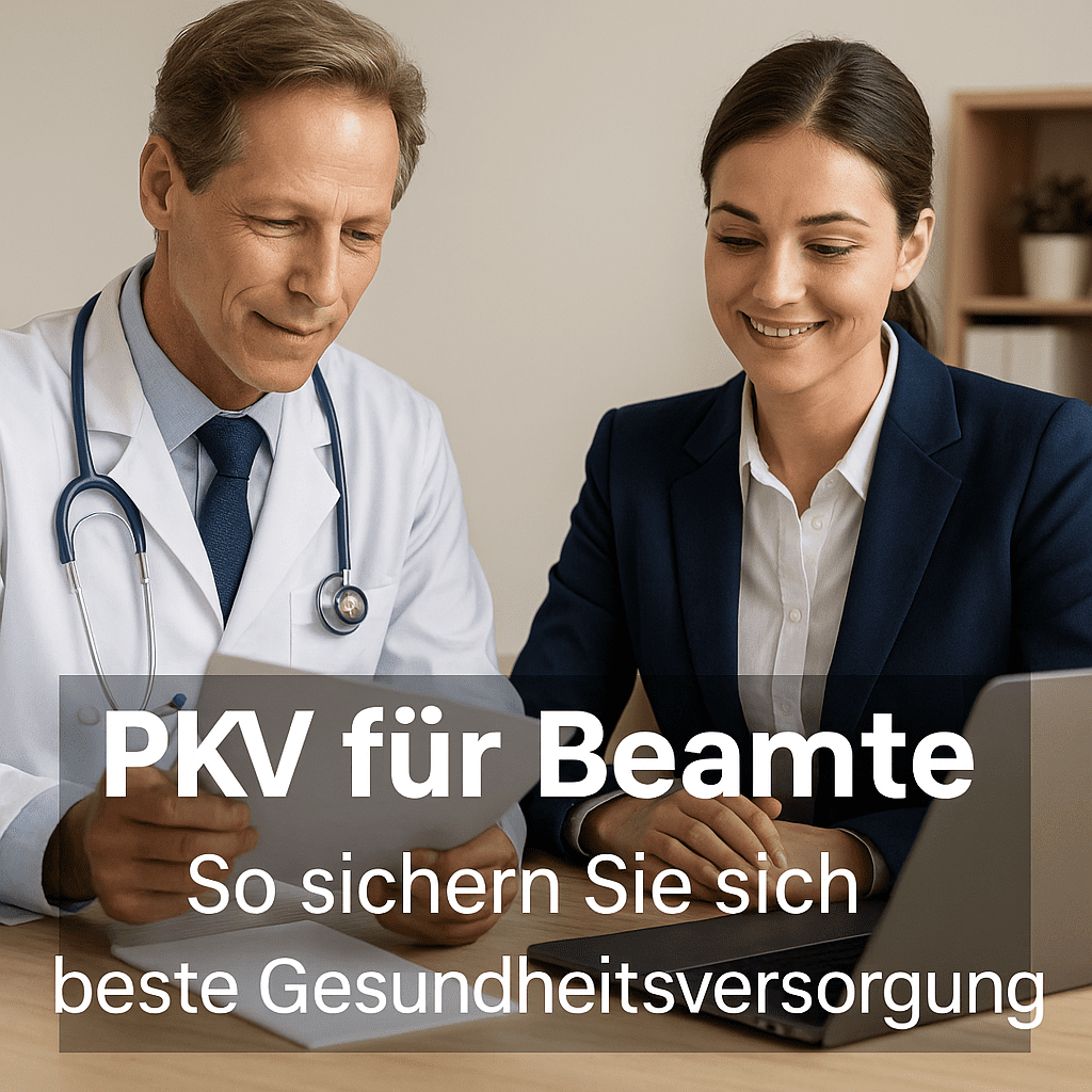 PKV für Beamte Arzt mit Stethoskop zeigt Beamtin am Laptop ein Dokument – Text ‚PKV für Beamte – So sichern Sie sich beste Gesundheitsversorgung‘ eingeblendet