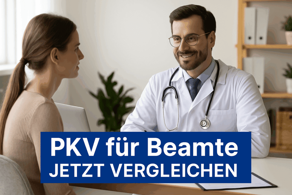 PKV für Beamte Ärztin im Gespräch mit junger Frau vor Laptop – blauer Werbebalken mit Text ‚PKV für Beamte – Jetzt vergleichen‘ am unteren Bildrand