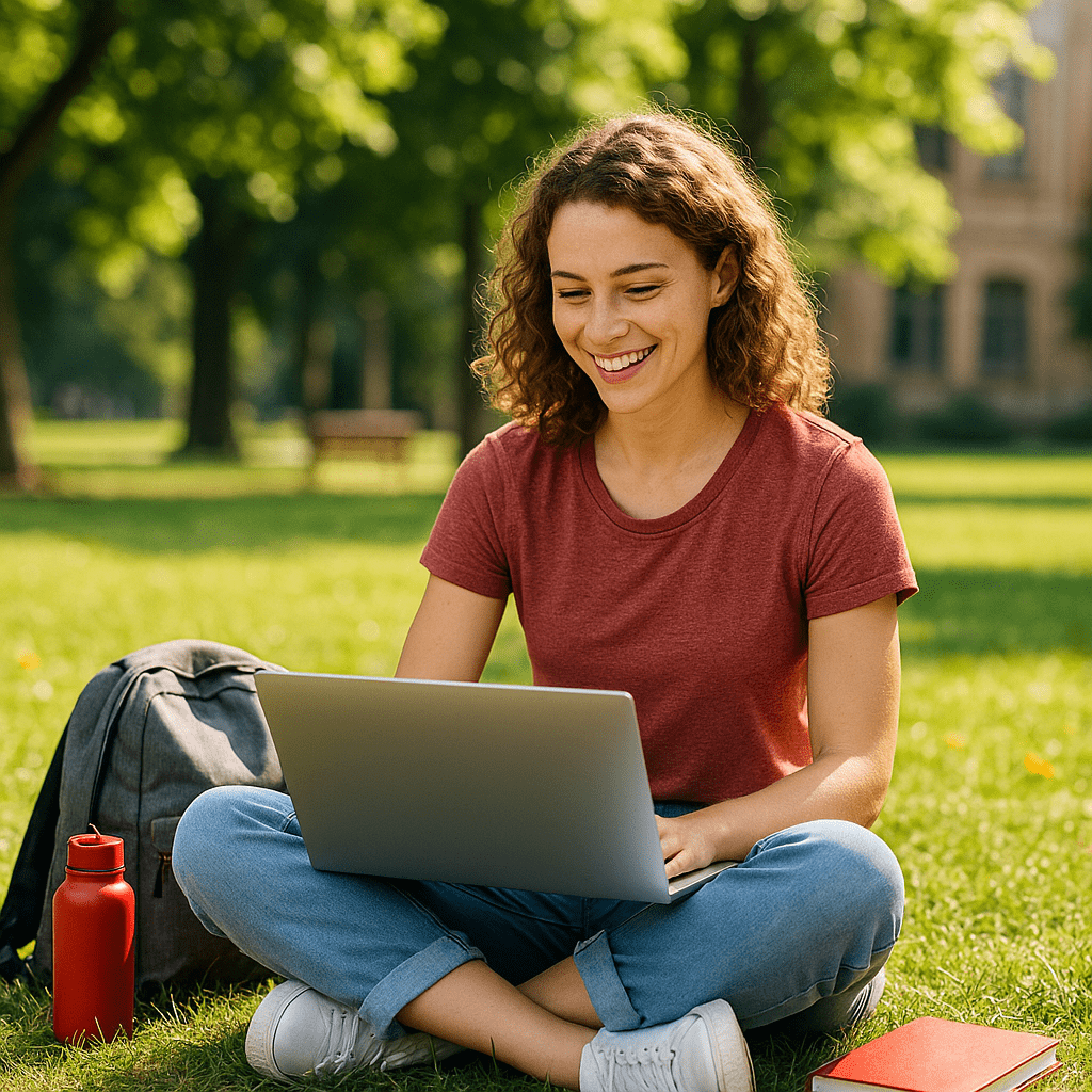 Junge Studentin mit lockigem Haar sitzt entspannt im Park und vergleicht PKV für Studenten online auf ihrem Laptop