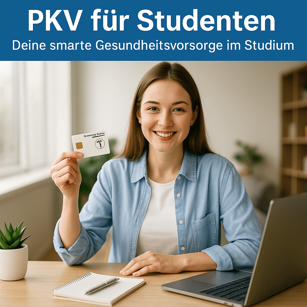 Studentin in der Bibliothek vergleicht PKV für Studenten am Laptop und Smartphone – im Hintergrund Bücherregale, im Vordergrund ein grüner Button ‚Jetzt vergleichen