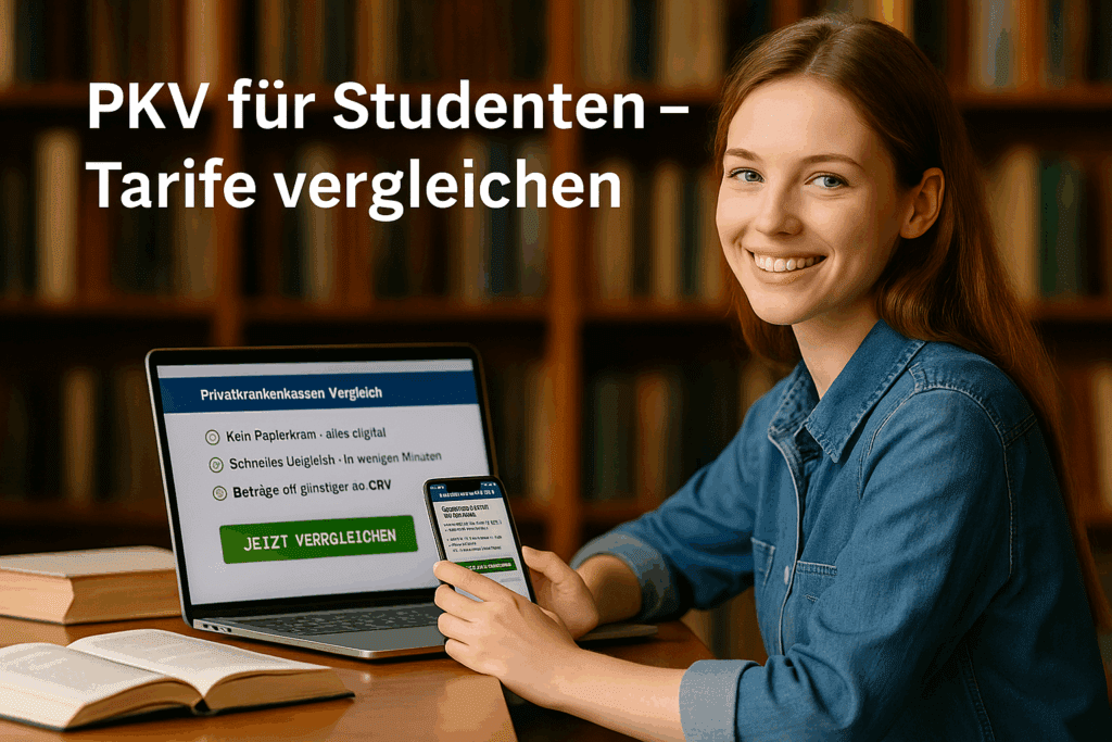 Zwei Studierende am Café-Tisch vergleichen private Krankenversicherungen für Studenten auf einem Tablet – lockere Atmosphäre mit Fokus auf digitale Auswahl