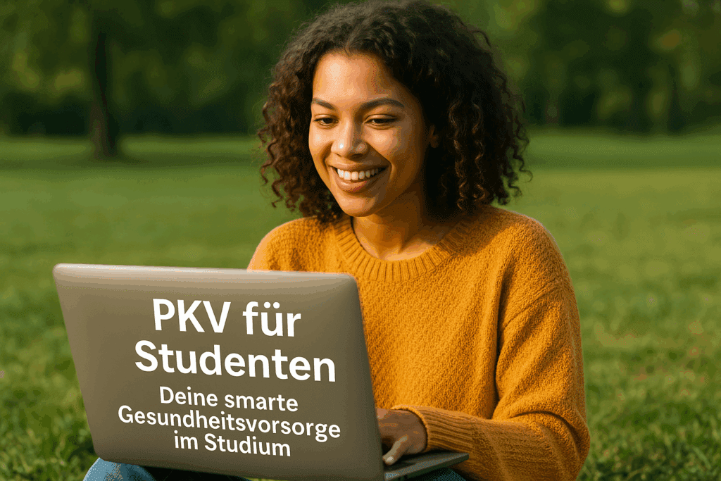 Lächelnde Studentin im Park mit Laptop – auf dem Bildschirm steht ‚PKV für Studenten – Deine smarte Gesundheitsvorsorge im Studium