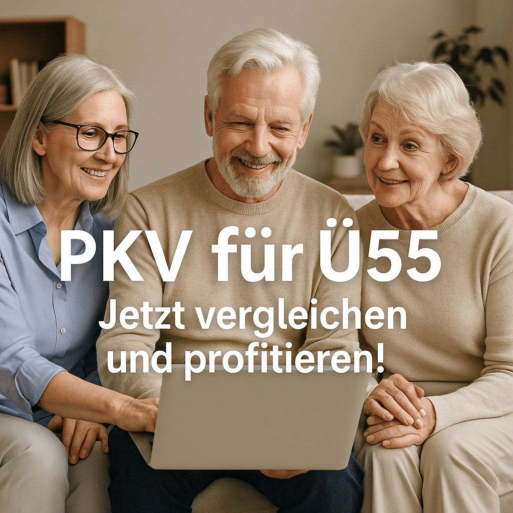 PKV für Ü55 Drei Senioren gehen gemeinsam spazieren, lachen und unterhalten sich – Darstellung eines aktiven Lebens mit guter Krankenversicherung