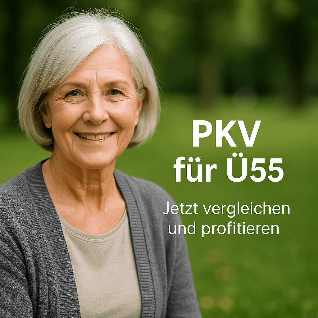 PKV für Ü55 Lächelnder Senior im Park mit Text ‚PKV für Ü55 – Jetzt vergleichen & absichern‘ – Symbol für selbstbestimmte Gesundheitsvorsorge im Alter