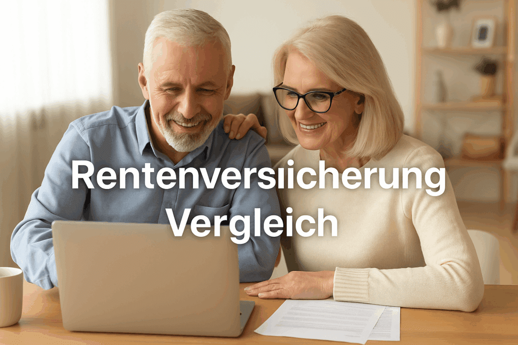 Rentenversicherung Seniorenpaar am Tisch mit Laptop vergleicht Rentenversicherung – digitale Vorsorgeplanung im Alter.