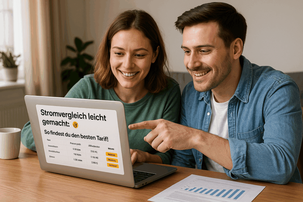Stromvergleich Junges Paar vergleicht Stromtarife auf einem Laptop zu Hause und lächelt zufrieden