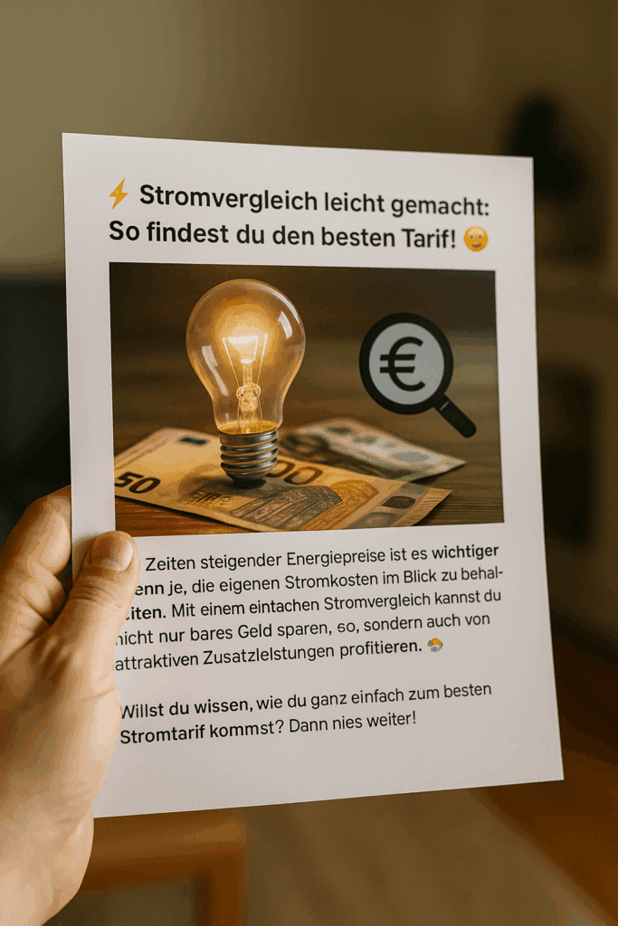 Stromvergleich Hand hält ein Infoblatt mit Glühbirne auf Geldscheinen und Text zum Stromvergleich