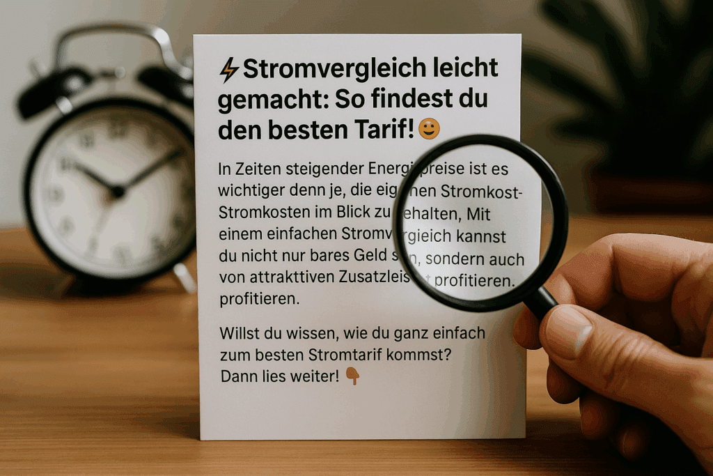 Stromvergleich Vergrößerungsglas über Text zum Stromvergleich, daneben eine Uhr und grüne Pflanze im Hintergrund