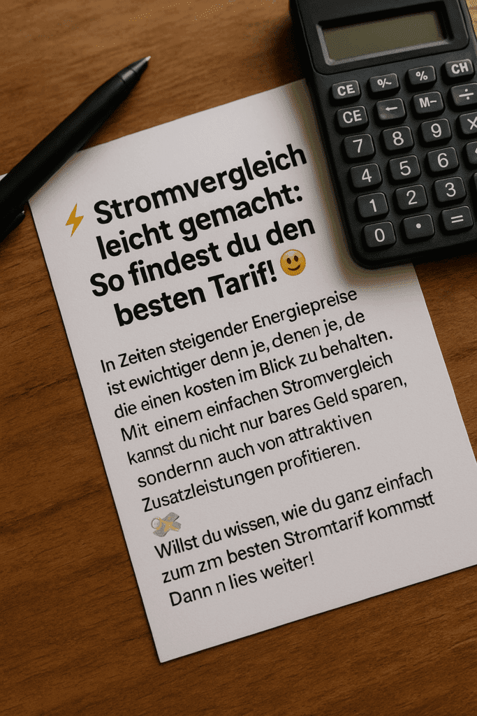 Stromvergleich Gedruckter Stromvergleich-Text auf einem Tisch mit schwarzem Taschenrechner und Stift daneben