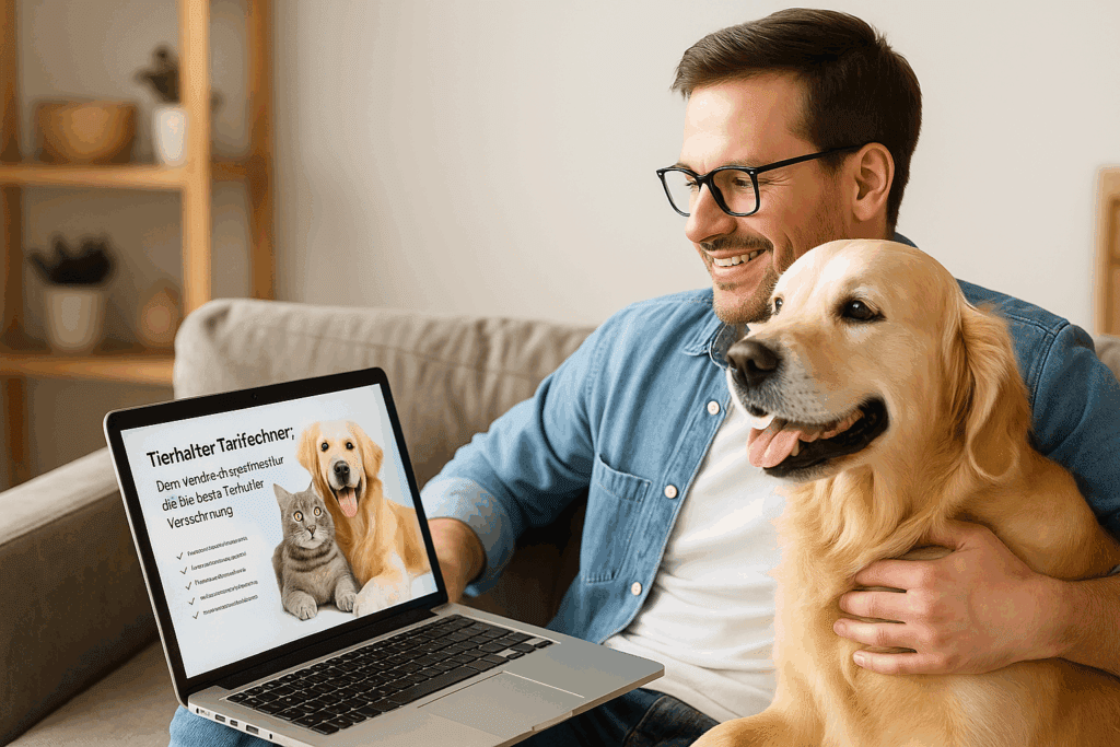 Mann vergleicht Tierhalter-Versicherungen mit Laptop, während sein Golden Retriever neben ihm sitzt und lächelt.