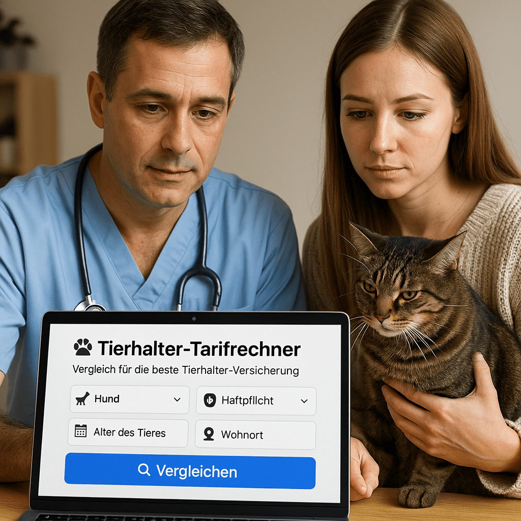 Tierhalterin mit Katze im Arm bespricht mit Tierarzt am Laptop passende Versicherung im Tierhalter-Tarifrechner.