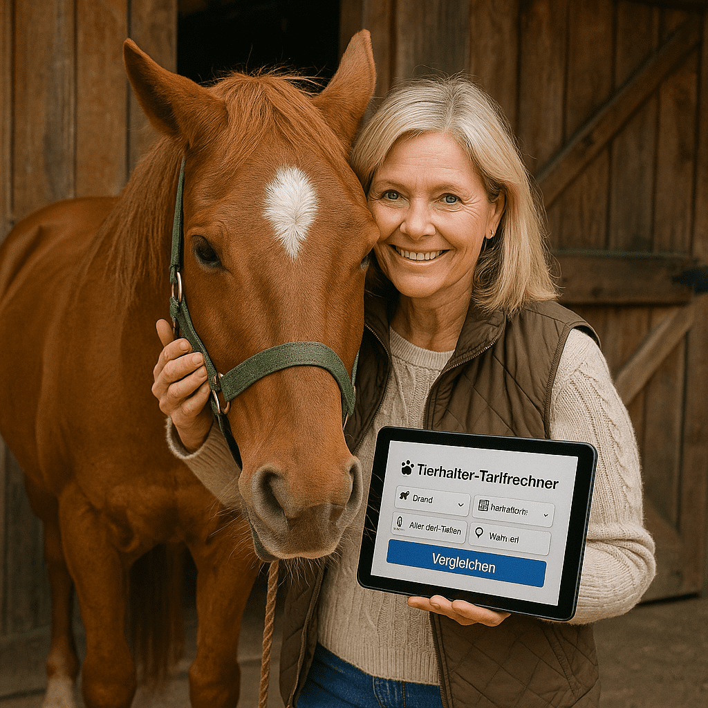 Pferdehalterin steht mit ihrem Pferd vor der Stallung und zeigt auf dem Tablet den Tierhalter-Tarifrechner zur Versicherungsauswahl.