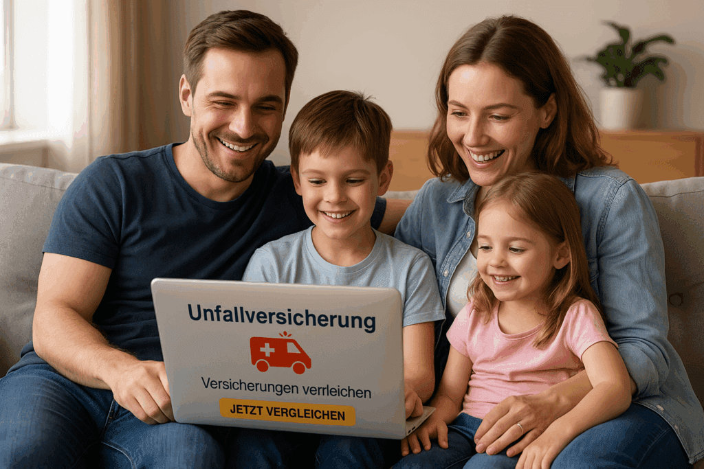 Glückliche Familie mit zwei Kindern vergleicht Unfallversicherungen am Laptop zu Hause auf dem Sofa.