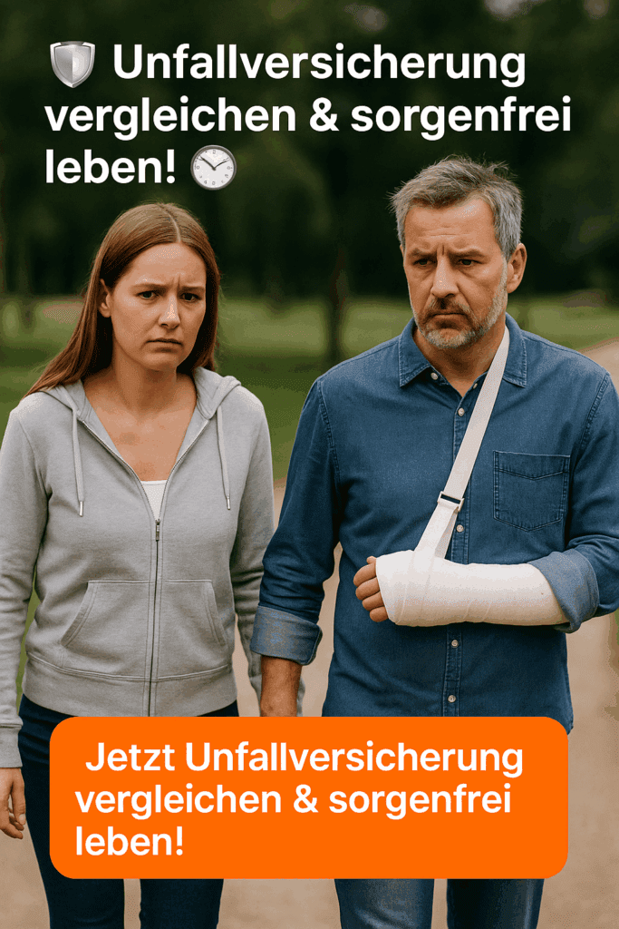 Ehepaar spaziert im Park, der Mann trägt einen Armverband – Text fordert zum Unfallversicherungsvergleich auf.