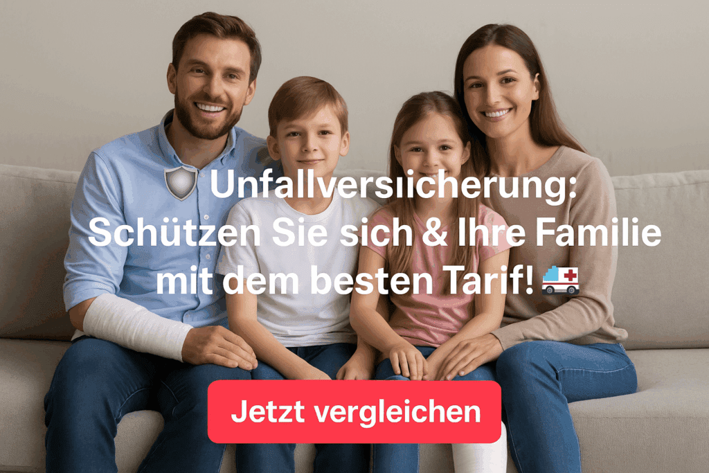 Familie mit verletztem Vater sitzt gemeinsam auf dem Sofa, Unfallversicherung-Werbung mit rotem Vergleichsbutton.
