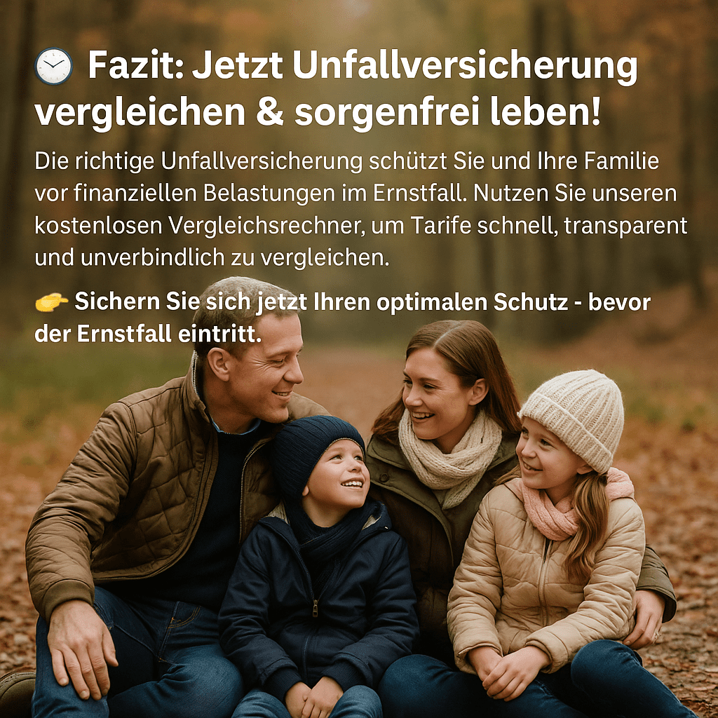 Familie sitzt im Herbstwald zusammen auf einem Weg, Werbetext zur Unfallversicherung eingeblendet.