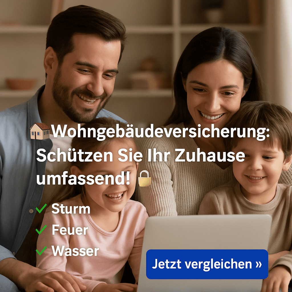 Wohngebäudeversicherung Lächelnde Familie mit zwei Kindern vergleicht Wohngebäudeversicherungen online am Laptop im Wohnzimmer.