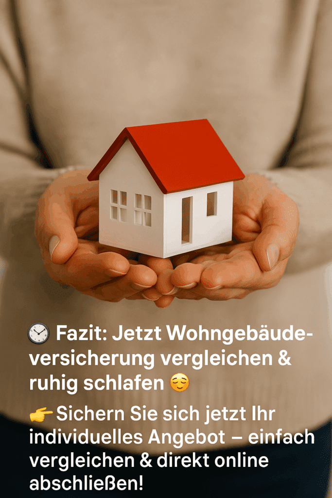 Wohngebäudeversicherung Frau hält ein Miniaturhaus mit rotem Dach in den Händen – Werbebotschaft zur Wohngebäudeversicherung eingeblendet.
