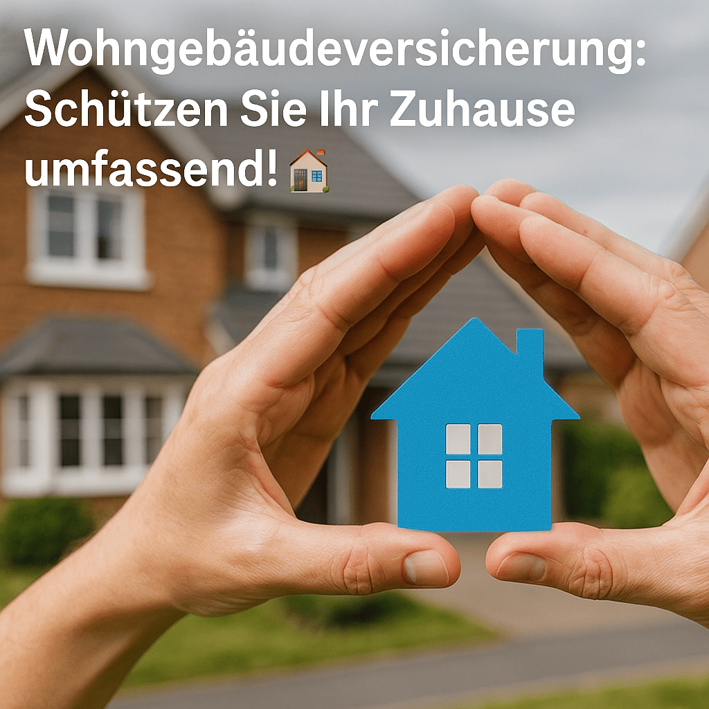 Wohngebäudeversicherung Hände halten ein blaues Haus-Symbol schützend vor einem echten Einfamilienhaus – Wohngebäudeversicherung-Werbung.