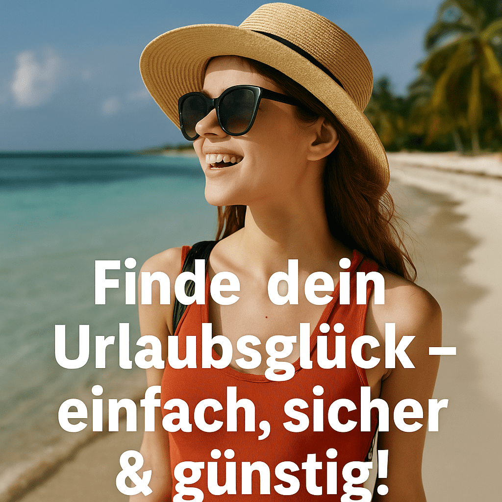 Pauschalreise Junge Frau mit Sonnenhut und Sonnenbrille genießt ihre Pauschalreise am tropischen Strand unter blauem Himmel.