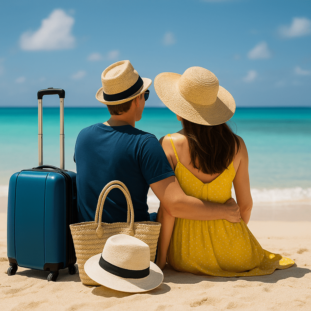 Pauschalreise Paar mit Strohhüten sitzt Arm in Arm am Strand mit Gepäck neben sich – bereit für eine entspannte Pauschalreise.