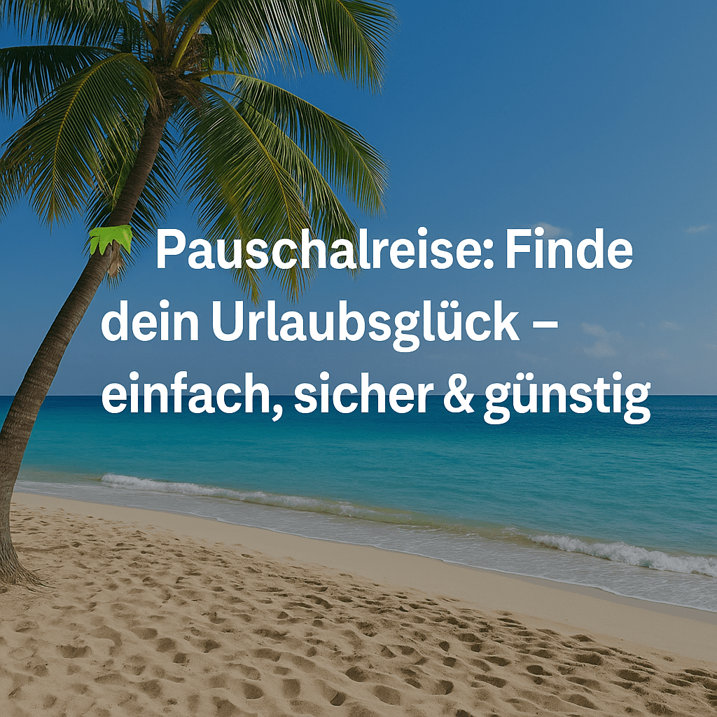Pauschalreise Tropischer Strand mit Palme und türkisfarbenem Meer – Werbetext zur Pauschalreise eingeblendet.