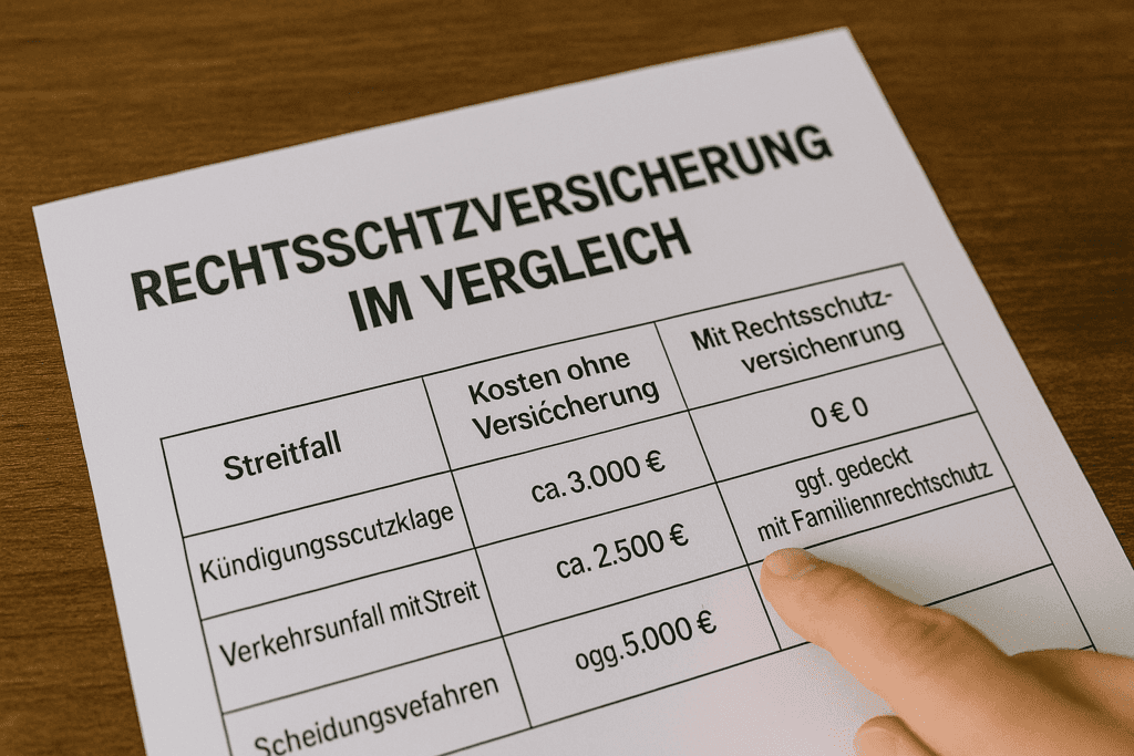 Rechtsschutzversicherung Vergleichstabelle zeigt Kosten mit und ohne Rechtsschutzversicherung – Finger zeigt auf günstigere Variante