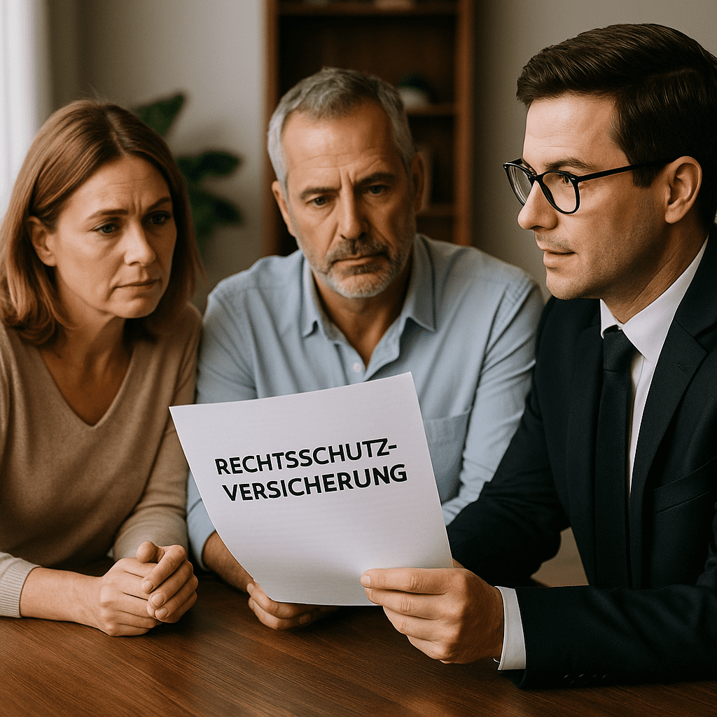 Rechtsschutzversicherung Paar im Gespräch mit Anwalt über Rechtsschutzversicherung – Beratungsszene in moderner Kanzlei