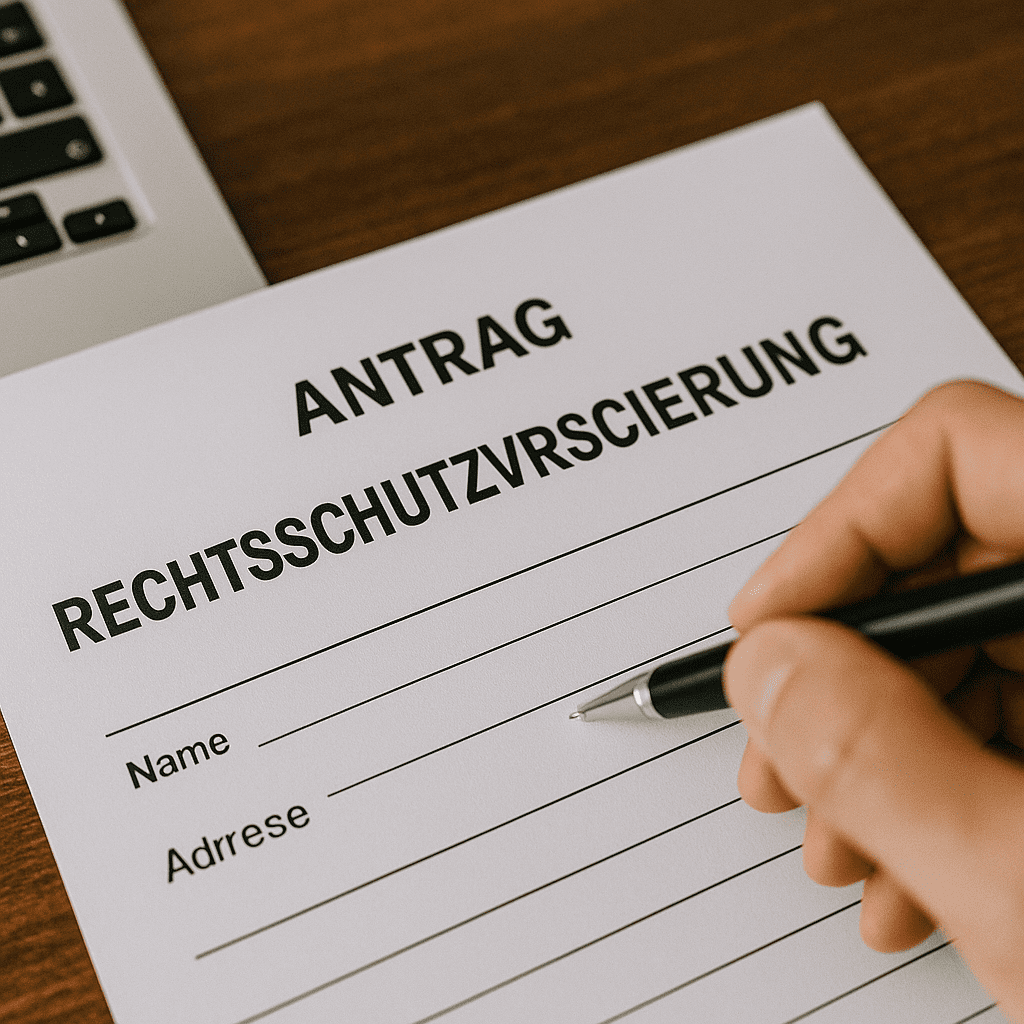 Rechtsschutzversicherung Antragsformular für Rechtsschutzversicherung wird mit Kugelschreiber ausgefüllt – Nahaufnahme mit Laptop im Hintergrund