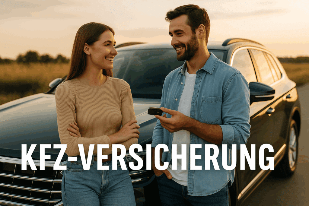 Kfz und Finanzen Junges Paar mit Autoschlüssel vor SUV bei Sonnenuntergang – Symbolbild für Kfz-Versicherung