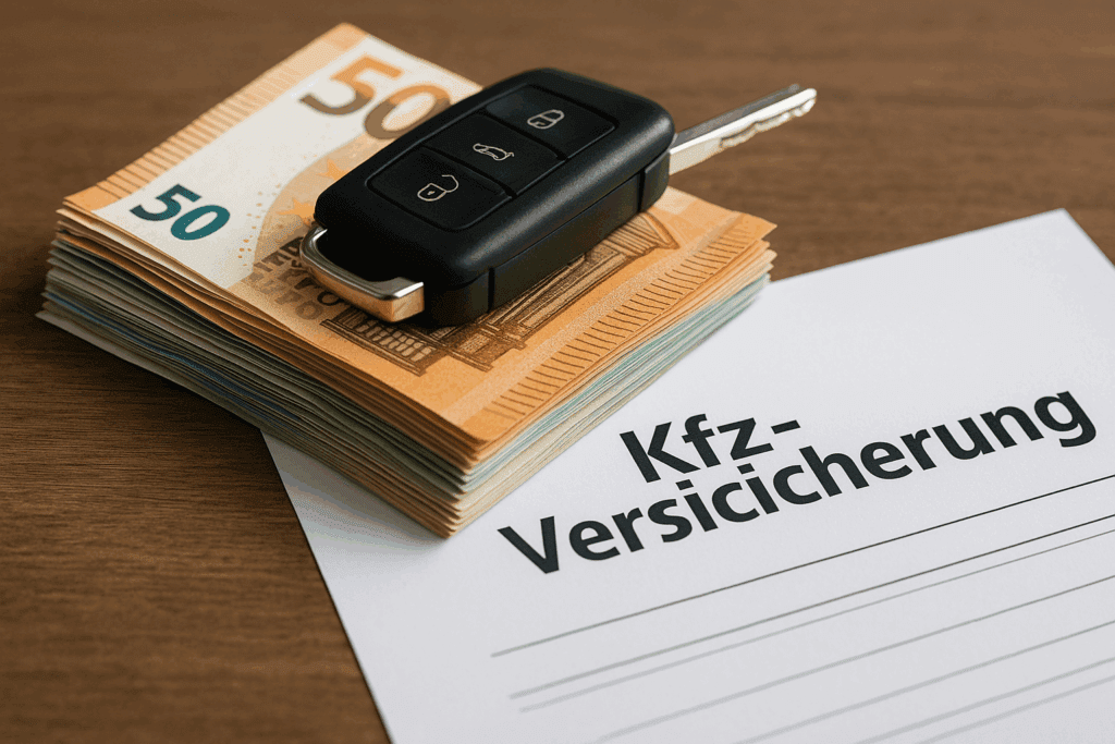 Kfz und Finanzen Autoschlüssel auf Euro-Geldscheinen neben Kfz-Versicherungsvertrag auf Holztisch