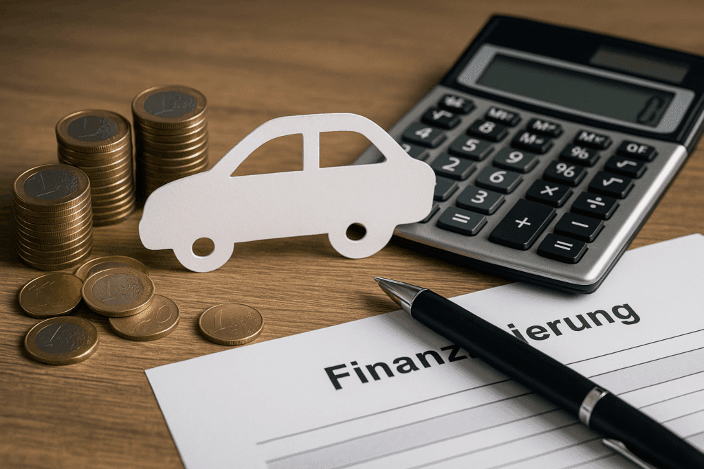 Kfz und Finanzen Papierschnitt eines Autos mit Euro-Münzen, Taschenrechner und Finanzierungsformular auf Holzfläche