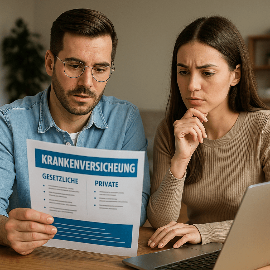 Paar prüft Krankenversicherungs-Dokument mit gesetzlicher und privater Tarifübersicht am Tisch