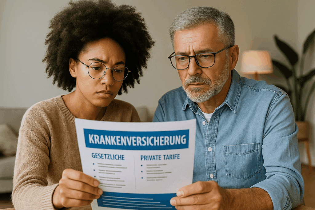 Junge Frau und älterer Mann betrachten gemeinsam Krankenversicherung mit Fokus auf gesetzliche und private Tarife