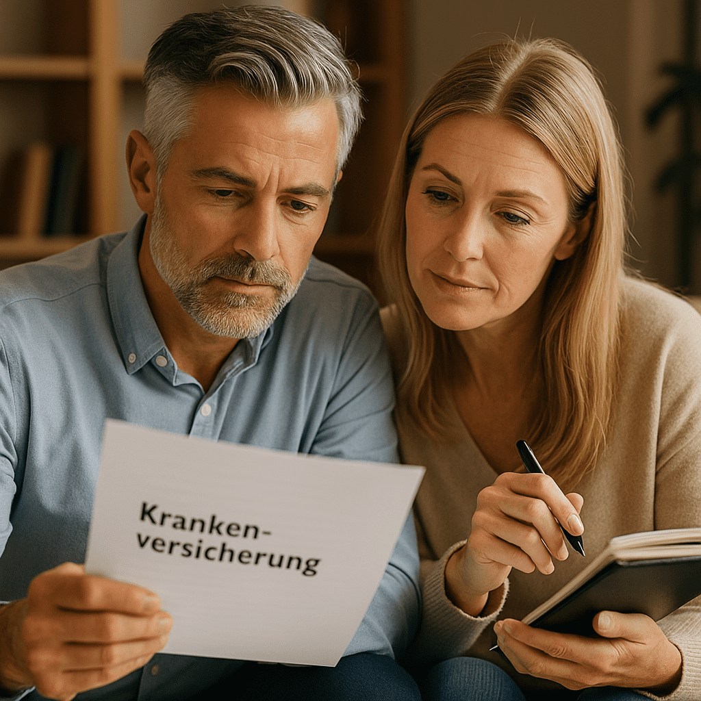 Mittleres Ehepaar studiert gemeinsam Krankenversicherungsunterlagen in gemütlichem Wohnzimmer